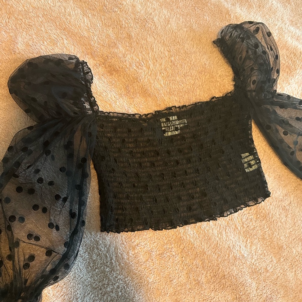 Princess Polly Black Sheer Polka Dot Puff Sleeve Crop Top